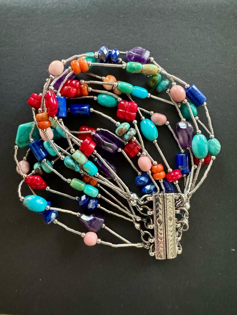 Fabulous Vibrant Silver Multicolor Beaded Multi-Strand Bracelet - Gemstone Mix